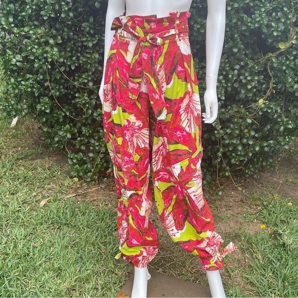 Ashley Stewart Boho Trop Print Wide Leg Ankle Puddle Hem Bag Waist Pants - Picture 3 of 12